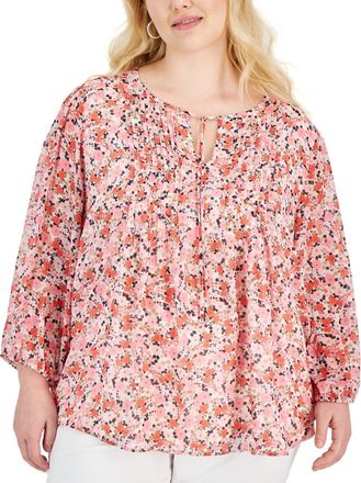 Tommy Hilfiger Pintucked Top Womens 1X Multi Floral Tie Neck Pullover FTS1181