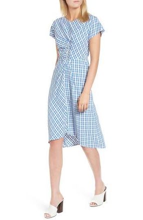 Lewit Ruched Check Midi Dress in Blue Sodalite Kasie Check at Nordstrom Rack, Size 10