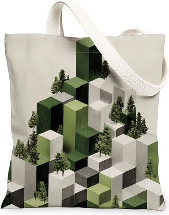 Generic Geometric Trees Canvas Tote Bags, Eco-Friendly Washable Grocery Bags, Modern Reusable Shoulder Strap Canvas for Travel Picn, Green, 13x15 Inch