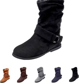 Generic Slouch Boots Flat Boots for Women UK Fold Over Boot Mid Calf Boot Women Side Zipper Ladies Cowgirl Booties Slip on Slouch Round Toe Suede Vintage Flat