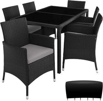 TecTake Conjunto de rat&aacute;n para 6 personas, 1 mesa 6 sillas, negro/gris