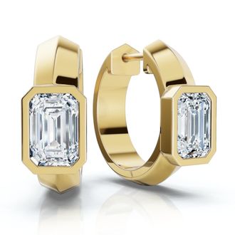 Pompeii3 1 1/3Ct Emerald Cut Brava Bezel Diamond Hoops 5/8 Huggies 14k Gold Lab Grown