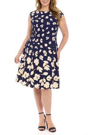 London Times Cap Sleeve Fit & Flare Dress in Navy/Ivory at Nordstrom Rack, Size 16W