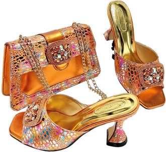Generic Womens Shoes and Bag Set Color Rhinestone Decorate for Evening Party Wedding Italian Style High Heels Orange