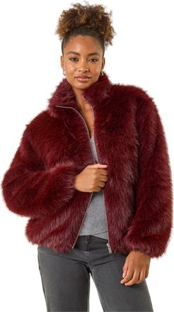 Roman Womens Faux Fur Relaxed Bomber - Burgundy - Size 10 UK