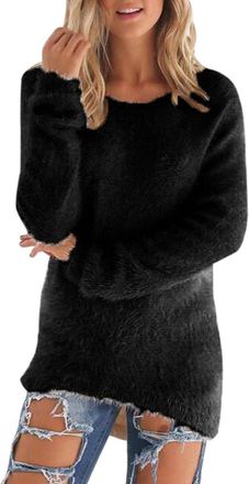 Generic Ladies Jumpers Fleece Crew Neck Womens Sweaters Mid Length Warmth Long Sleeve Tops Solid Color Sweaters for Women UK Autumn Winter Lounge Wear Womens 