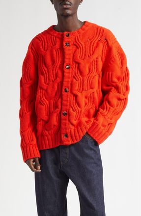 Bottega Veneta Twisted Cable Stitch Virgin Wool Cardigan in Cherry Tomato at Nordstrom, Size X-Large