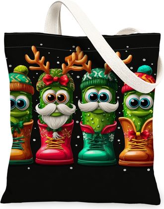 Generic Christmas Character Canvas Tote Bags, Fun Holiday Design Reusable Grocery Bags, Lightweight Washable Shoulder Strap Canvas, Black, 13x15 Inch