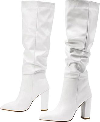 Generic Women Winter Knee High Boots Pleated Leather Pointed Toe Square Heel Party Elegant Casual Boot