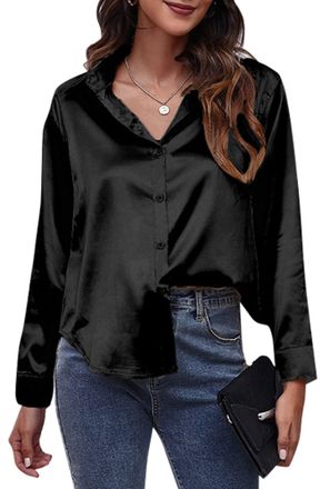 Feoya Womens Button Down Long Sleeve Shirts V Neck Tops Blouse Casual Work Office S Black