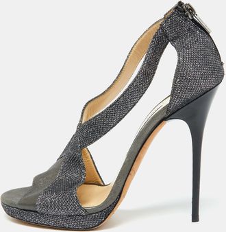 Jimmy Choo London Grey Leather And Coarse Glitter Open Toe Sandals
