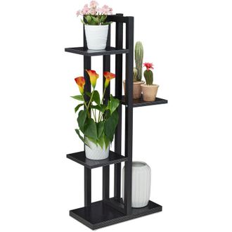 Relaxdays Relaxdays - Metal Flower Stand, 4-Tier Indoor Pot Shelf Ladder, Wooden Look, HxWxD: 93 x 42.5 x 22.5 cm, Plant Rack, Black