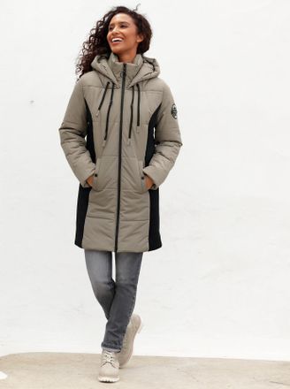 Heine Langjacke HEINE, Damen, Gr. 34, grau (taupe), 100% Polyester, Besatz:95% Polyester, 5% Elasthan, Wattierung:100% Polyester, unifarben, Jacken Langjack