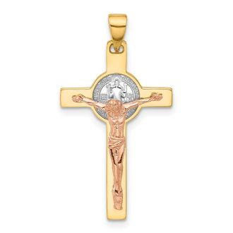 Diamond2Deal 14k Two-tone Gold with White Rhodium Crucifix and St Benedict Pendant