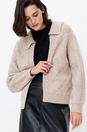French Connection Womens Beige Textured Knit Open Front Collared Pearl Cardigan - Size X-Large