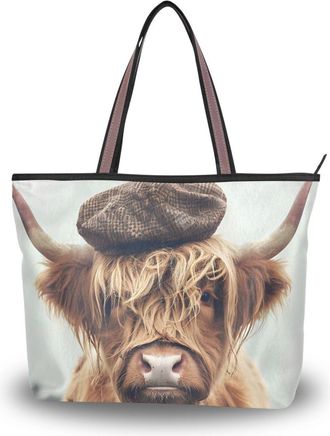 Alaza Large Tote Bag for Women, Travel Tote Bag Shoulder Bag Big Capacity Casual Handbags, Highland Cow with Hat Work Shopping School Tote Bag with Pockets 