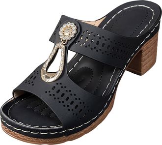 Generic 2026 Women Summer Solid Slip On Casual Open Toe Square Heels Comfortable Beach Shoes Sandals Slippers (Black, 5.5) (2)