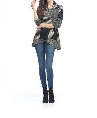 Papillon Multi Stripe Patch Cowl Neck Crossover Top In Black / Beige