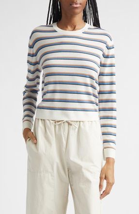 Leset James Stripe Merino Wool Crewneck Sweater in Parch/choco/blue Stripe at Nordstrom, Size X-Small