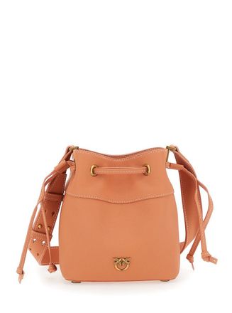 Pinko Orange Mini Bucket Bag With Metallic Love Birds Logo On The Front In Hammered Leather Woman