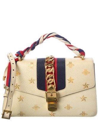 Gucci White Calfskin Leather Bee Star Print Small Sylvie Shoulder Bag (Authentic Pre-Loved)