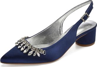 Generic Wedding Shoes Women Ankle Strap Pointed Toe Slingback Chunky Low Heels Dress Pumps Bridal Shoes 4.5Cm,Dark Blue,5 UK