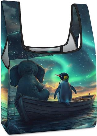 Generic Northern Lights Elephant Penguin on Boat Shopping Bag Reusable Grocery Tote Bag Foldable Handbag for Travel Picnic