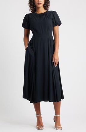 Chelsea28 Shirred Neck Puff Sleeve Midi Dress in Black at Nordstrom Rack, Size Medium