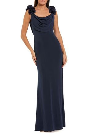 Mac Duggal Jersey Cowl Neck Gown With 3D Flower Straps in Midnight at Nordstrom, Size X-Small