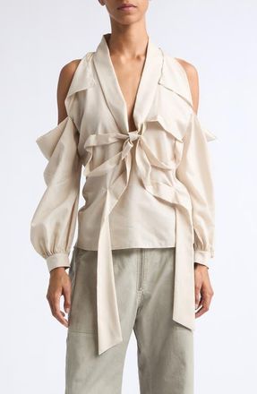 Acne Studios Senny Bow Fluid Cold Shoulder Top in Light Beige at Nordstrom, Size 34