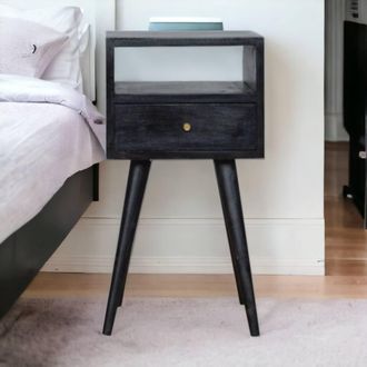 Direct Wicker Solid Wood Mini Ash Black Bedside, 1 Drawer, 1 Open Slot | Size: 1 Pack