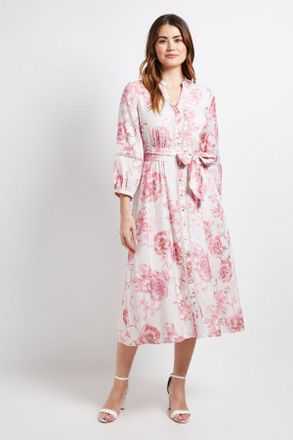 Wallis Womens Floral Lace Insert Collarless Shirt Dress - Pink Viscose - Size 20 UK