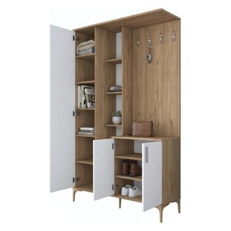 Dmora Mueble De Entrada Priero, Espejo Incluido, Perchero, 11 Estantes, 120x38x199h Cm Blanco