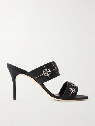Manolo Blahnik Sandali In Cr&ecirc;pe De Chine Con Cristalli Ralyne 90 - Nero