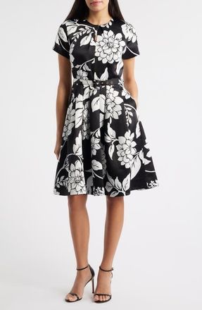 Tahari by ASL Floral Fit & Flare Dress in Black White at Nordstrom, Size 10