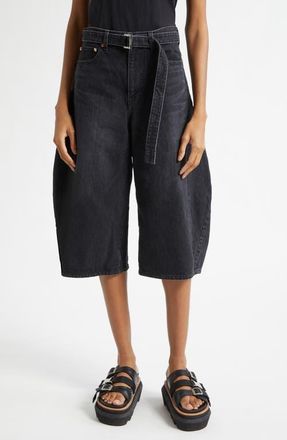 sacai Belted Crop Denim Barrel Leg Jeans in Black at Nordstrom, Size 2