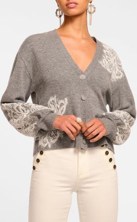 Ramy Brook Perry Lace Accent Wool & Cashmere Cardigan in Heather Grey Combo at Nordstrom, Size Xx-Small