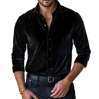 Generic Long Sleeve Casual Shirts for Men | Solid Color - Collared Button Up Shirts Fashion Autumn Tops | for Travel Dating L Black