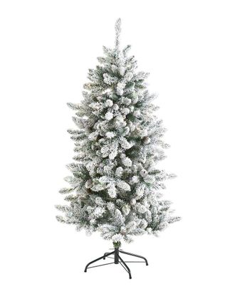 Nearly Natural 5Ft Flocked Livingston Fir Artificial Christmas Tree With Pine Cones & 498 Bendable Branches