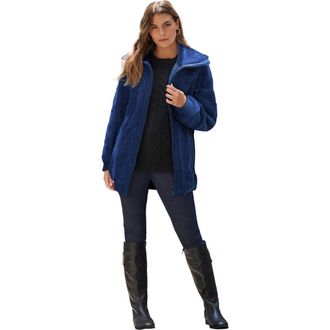 Roaman's Plus Size High Collar Teddy Fleece Bomber in Evening Blue at Nordstrom, Size Medium