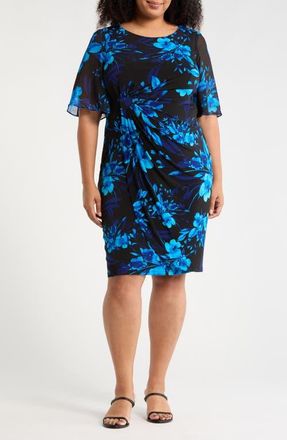 Connected Floral Side Ruched Faux Wrap Dress in Saphire at Nordstrom, Size 16W