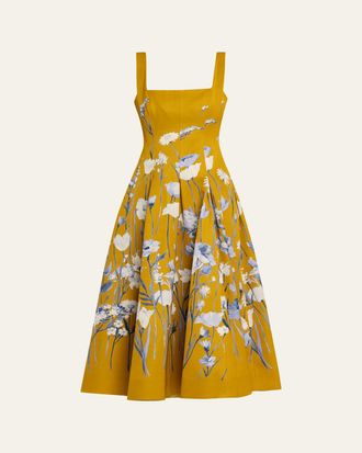 Lela Rose Floral Faille Sleeveless Fit-&-Flare Gown