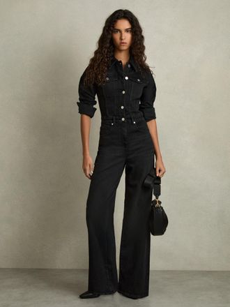 Reiss Black Cotton-blend Denim Relaxed-fit Jumpsuit, 16