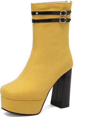 Generic Womens Block High Heel Platform Boots Faux Suede Short Boots with Zipper Round Toe Ankle Boot with Buckle,Yellow,10.5 UK