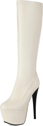 Generic Womens Sexy High Heel Platform Long Boots Round Toe Knee High Boots PU Leather Party Prom Shoes with Side Zipper,Beige,8.5 UK