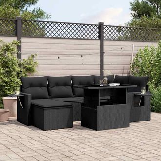 vidaXL Set De Sof&aacute;s De Jard&iacute;n 7 Pzas Con Cojines Rat&aacute;n Sint&eacute;tico Negro Vidaxl