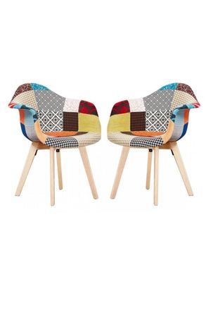 Life Interiors Set of 2 Patchwork Fabric Upholstered Accent Chairs with Wooden Legs, Mid-Century Modern Armchair