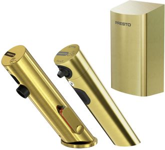 Presto Pack De Grifo Mezclador Infrarrojo Con V&aacute;lvula De Cierre + Dispensador De Jab&oacute;n Infrarrojo + Secador De Manos Presto Linea Oro Cepillado