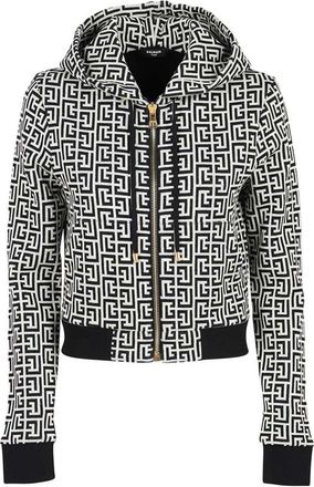 Balmain Monogram Printed Cropped Zip Up Hoodie Size 35.5