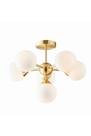 Netlighting Oscar Semi Flush Satin Brushed Gold Effect Plate & Gloss White Glass 6 Light Dimmable IP20 G9